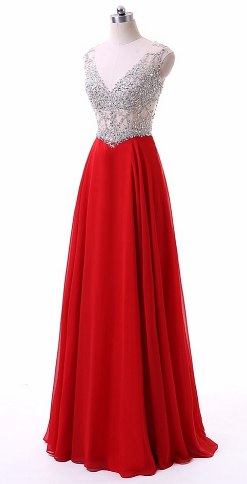 Style Beading V Neck Robe De Soiree Long Red Evening Dresses