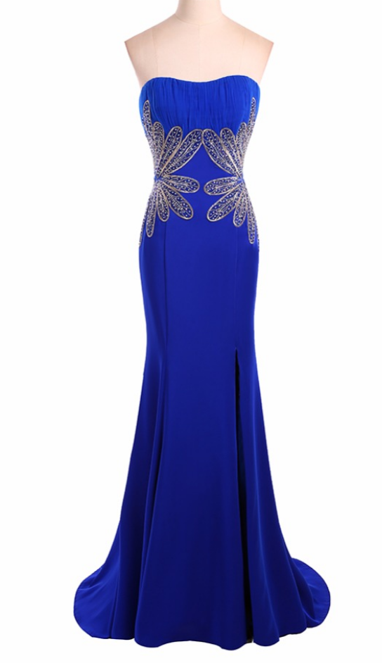 Style Stunning Strapless Mermaid Chiffon Beaded Royal Blue Long Evening Dresses