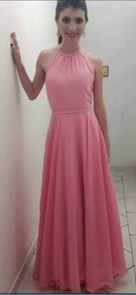 Beaded Halter Pink Prom Dresses,porm Dresses Long A-line,pink Chiffon Prom Dresses Party Dresses