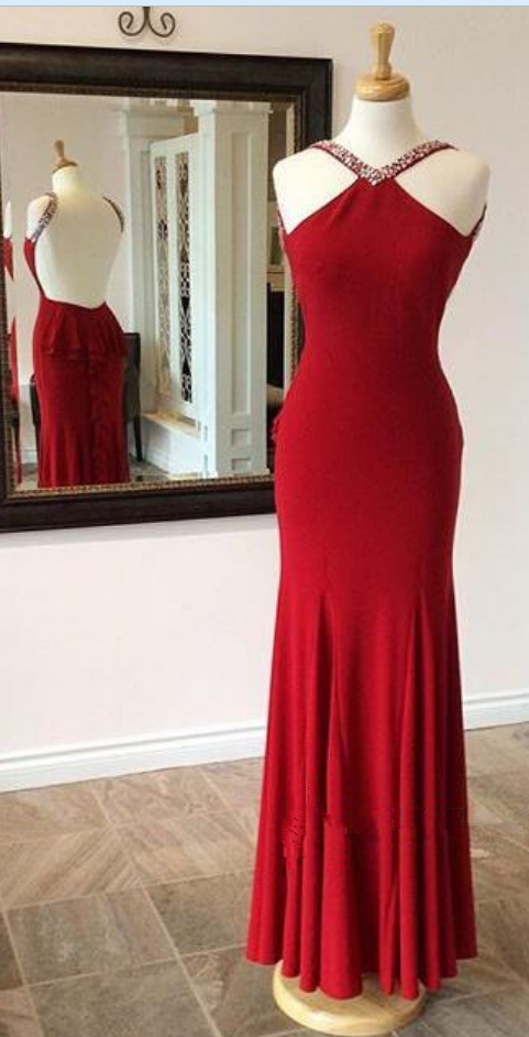 Red Prom Dress,fitted Jersey Halter Formal Prom Gown With Open Back
