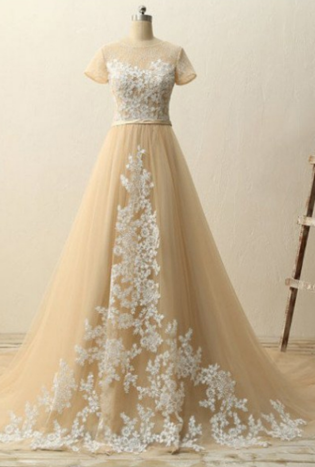 A-line Short Sleeves Natural Zipper Appliques Tulle Prom Dresses