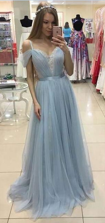 Prom Dresses,light Blue Simple Prom Dresses,tulle Prom Dresses,lace Off The Shoulder Prom Dresses