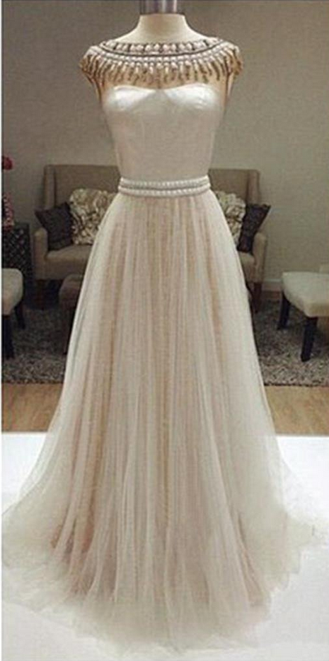 Long Ivory Prom Dresses, Charming Beaded Wedding Dresses, Tulle Prom Dresses