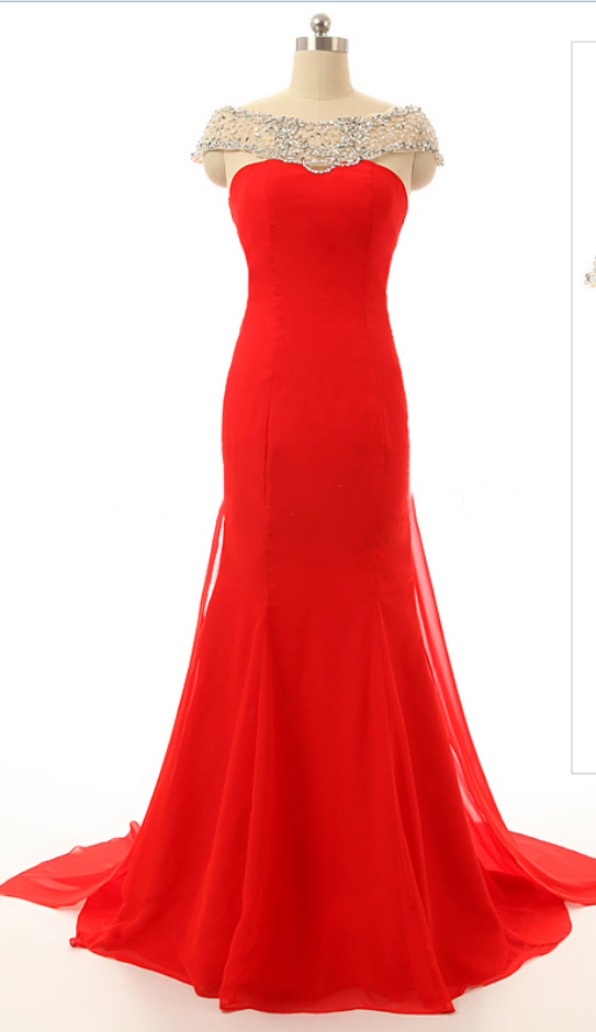 Graceful Red Prom Dresses, Trumpet Chiffon Prom Dresses With Beaded Neckline, Gorgeous See-through Prom Gowns