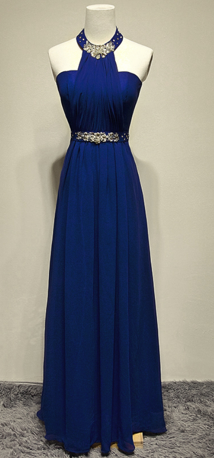 Pretty Elegant Blue Long Beaded Halter Neckline Long Formal Dresses Blue Prom Dresses Evening Dresses Evening Gowns