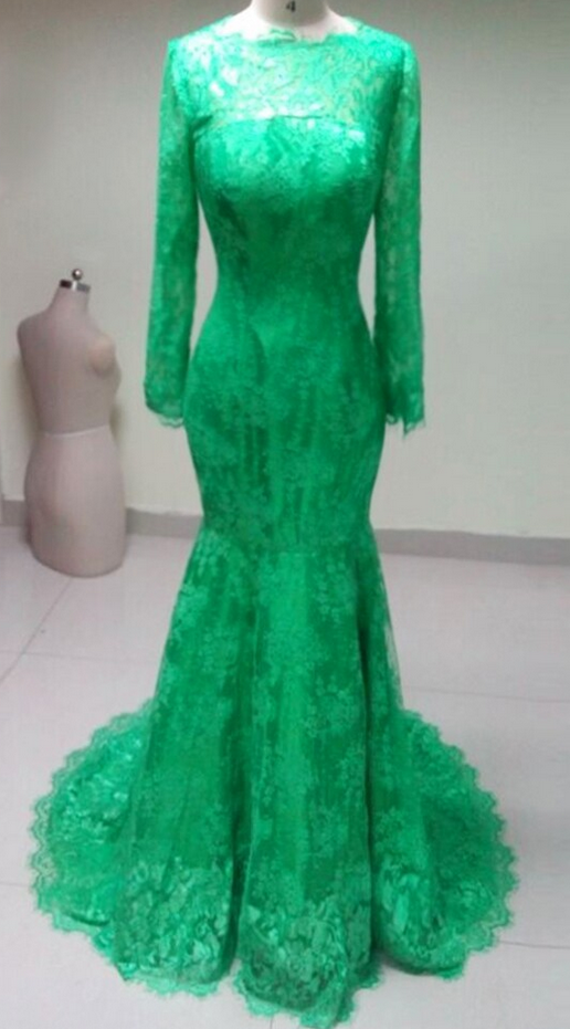 High Neck Elegant Long Sleeves Green Lace Mermaid Prom Dress