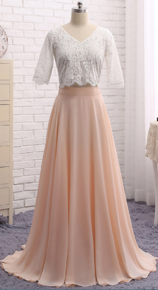Two Pieces Prom Dress V Neck Half Sleeve Sheer Lace Top Evening Dress on  Luulla
