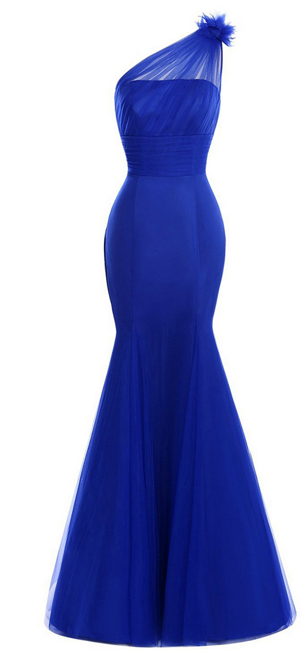 Asymmetric One Shoulder Fur Long Prom Dress, Chic Royal Blue Fit And Flare Prom Dress, Ruched Floor Length Tulle Prom Dress