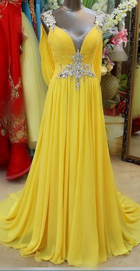 Backless Prom Dresses,long Crystal Beading Dresses, Yellow Evening Dresses, Formal Dresses