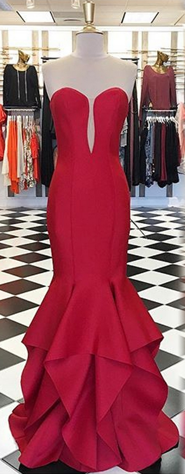 Red Mermaid Sweetheart Sleeveless Open Back Tiered Sweep Train Prom Dress,fashion Prom Dress,sexy Party Dress,custom Made Evening Dress