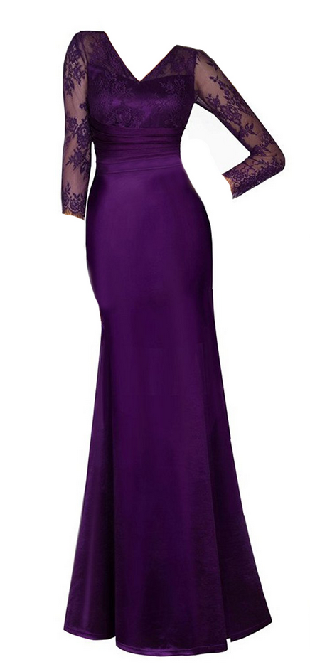 Women's Satin Wedding Party Dress V-neck Lace Mother Of Bride Dress With 3/4 Sleeves Purple Bridesmaid Dress