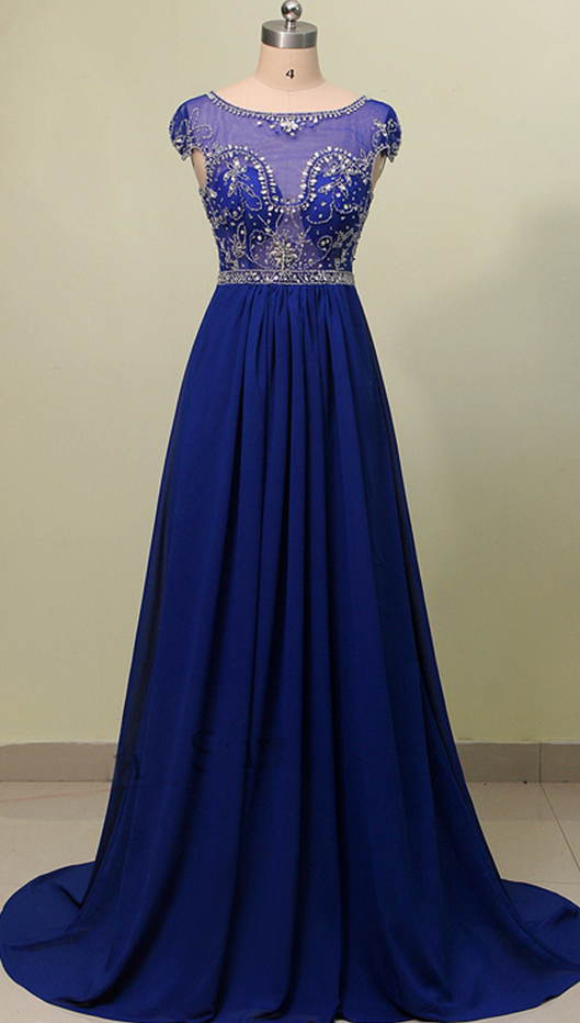 Cap Sleeve Dark Blue Chiffon Prom Dresses Crystals Women Party Dresses