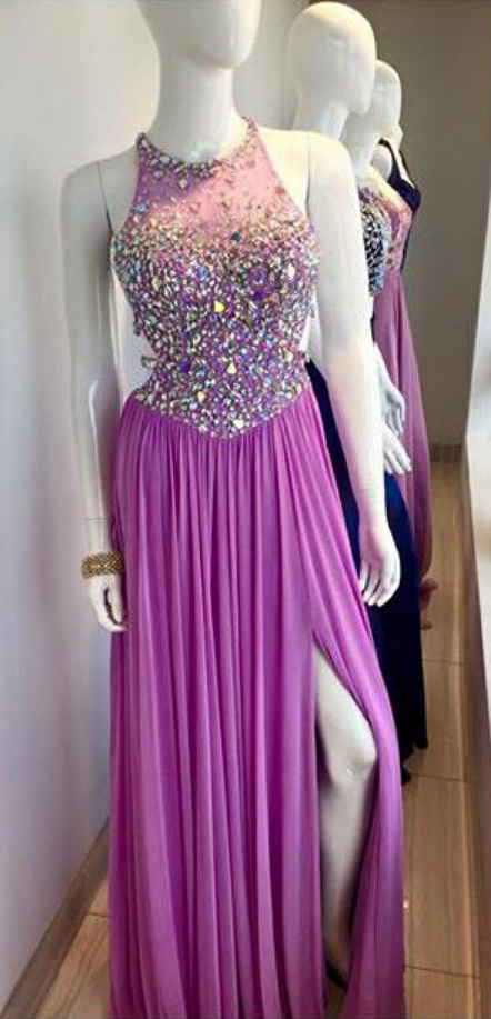 Purple Chiffon Prom Dresses, Open Back Prom Dresses, Crystals Women Party Dresses, Custom Made