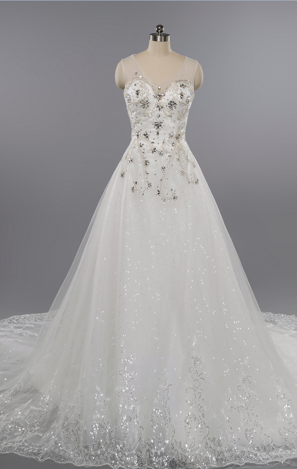 A-line Lace Applique Sequined Wedding Dress,shiny Sparkly Wedding Gown