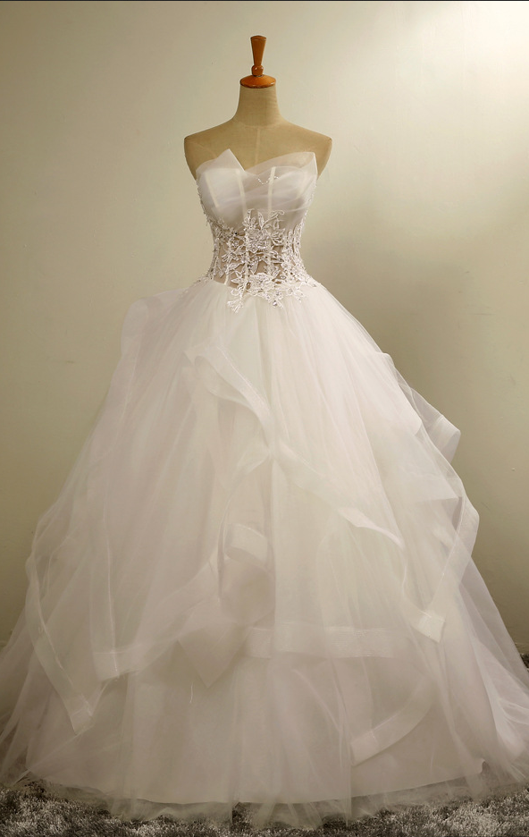 Bridal Dresses Ruffle Tulle Strapless Wedding Dresses Court Train Bridal Gowns