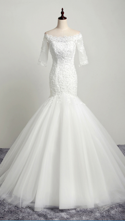 Long Wedding Dress, Mermaid Wedding Dress, Off-shoulder Wedding Dress, Sequin Bridal Dress, Tulle Wedding Dress, Custom Made Wedding Dress
