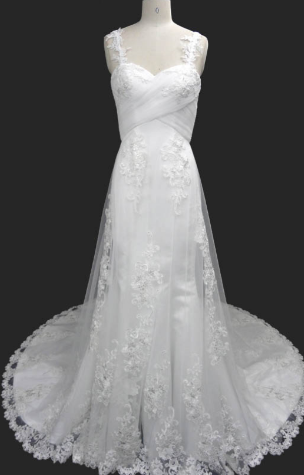 Lace Appliques Sweetheart Shoulder Straps Floor Length Tulle A-line Wedding Dress Featuring Train