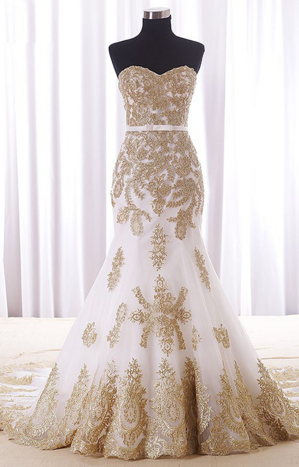  Real Wedding Dress,Gold Lace Appliques Bridal Dresses,Court Train Elegant Mermaid Wedding Dress
