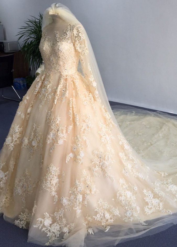 Wedding Dresses,glamorous O Neck Appliqued Beaded Stunning Long Sleeve Ball Gown Wedding Dresses Champagne Appliques Royal Train Tulle Bride