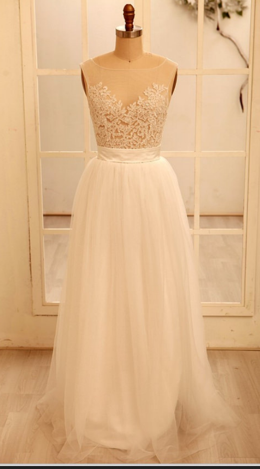 Custom Made A Line Round Necklace Lace Wedding Dresses, Deep V Neck Back Dress, Ivory Dresses For Wedding