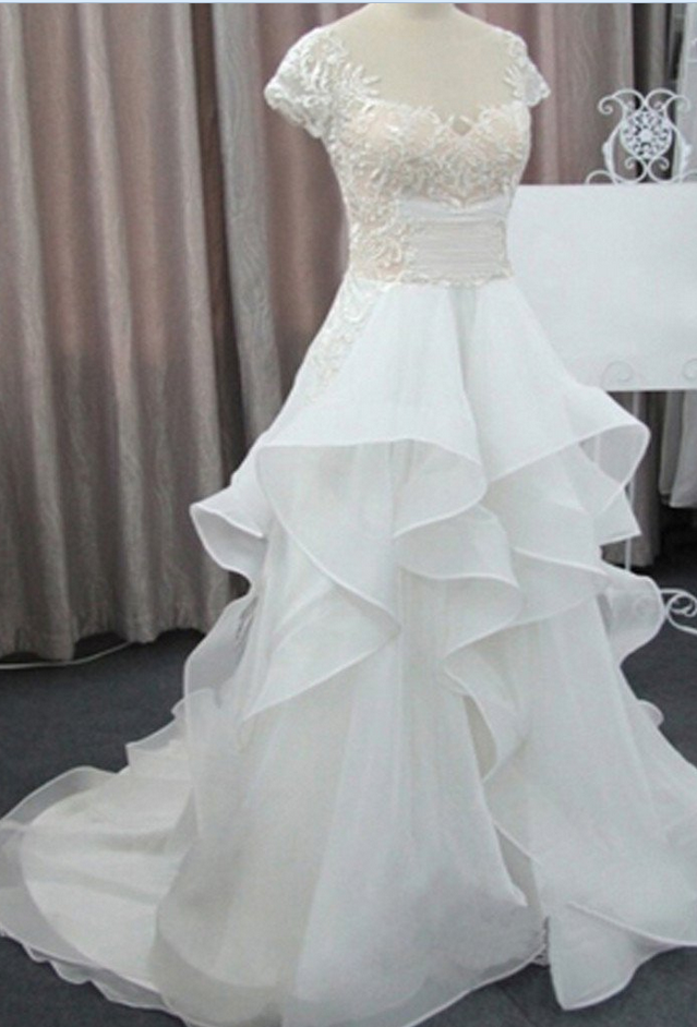 Cap Sleeve Beautiful Lace Wedding Party Dresses, Chiffon Bridal Gown