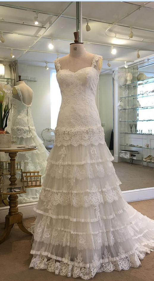 Spaghetti Straps Layered Lace Beach Bridal Dresses,a Line Bridal Dress For Beach,cute White Wedding Dresses Lace