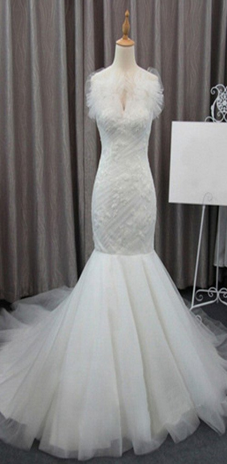 Gorgeous Elegant White Lace Mermaid Tulle Wedding Party Dresses, Bridal Gown