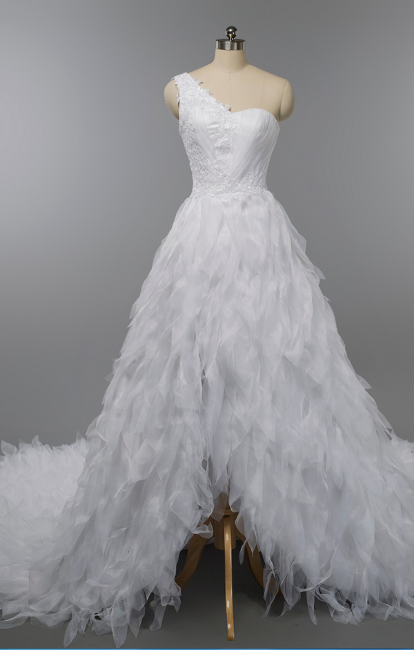 One-shoulder Wedding Dress, Lace Applique Wedding Gowns,front Short Back Long Wedding Dresses,