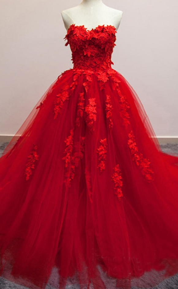 Wedding Dress, Long Wedding Dresses, Red Sweetheart Appliques Lace Up Back Tulle Wedding Dress