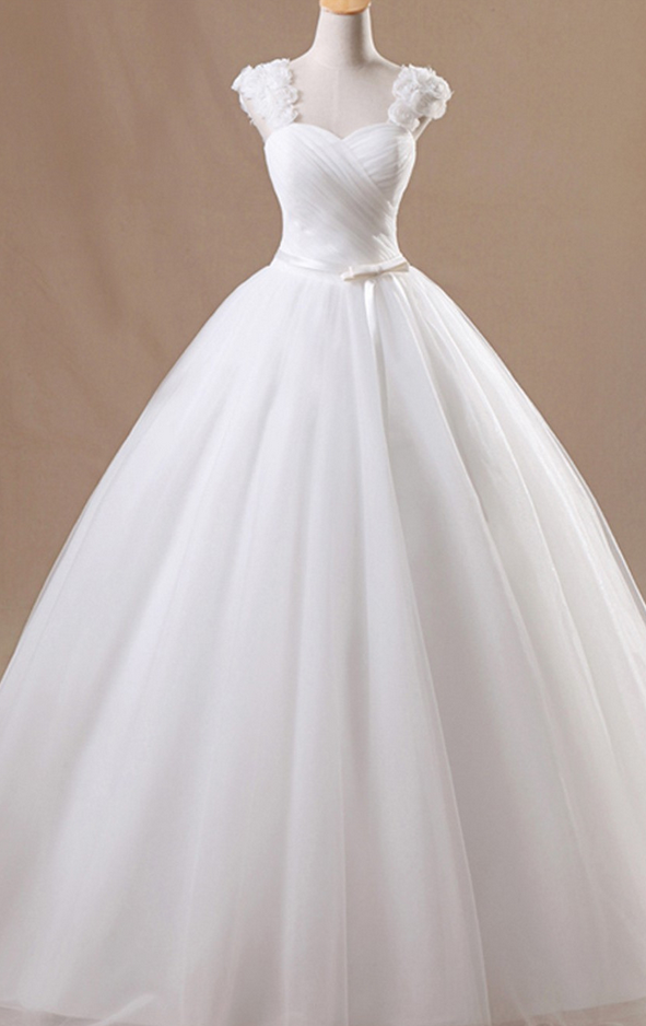 Cap Sleeves Wedding Dresses,ball Gown Wedding Dress,sweetheart Bridal Dress,floor-length Wedding Dress,tulle Flower Ruched Lace-up Wedding Dress