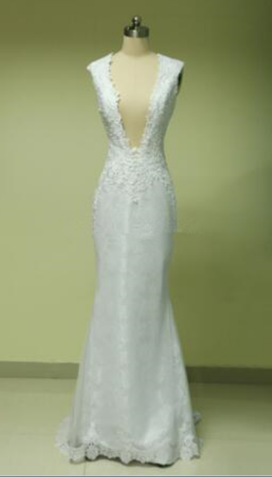 Real Picture Wedding Dress Plunging V-neck Neckline Mermaid Wedding Dresses Applique Cap Sleeves Floor Length Bridal Gowns