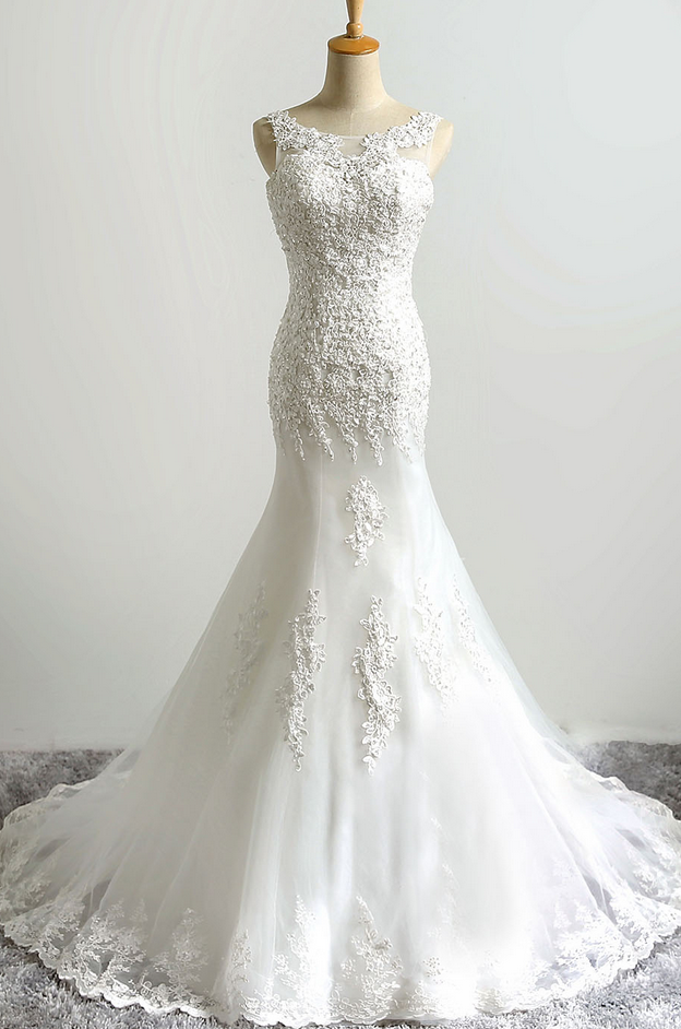 Lace Appliqué and Beaded Tulle Trumpet Wedding Dress Featuring Sheer Bateau Neckline and Lace-Up Back