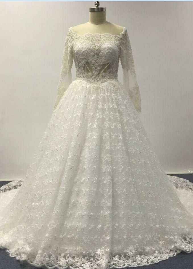 Lace Bateau Neck Long Mesh Sleeves Floor Length Tulle Wedding Gown Featuring Train