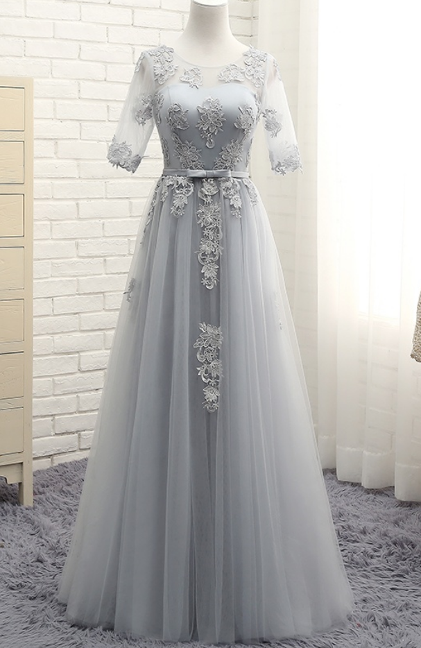 Gray Prom Dresses,long Prom Dresses,prom Dresses With Sleeves,evening Dresses,lace Prom Dresses,backless Prom Dress,lace Up Prom Dress,party