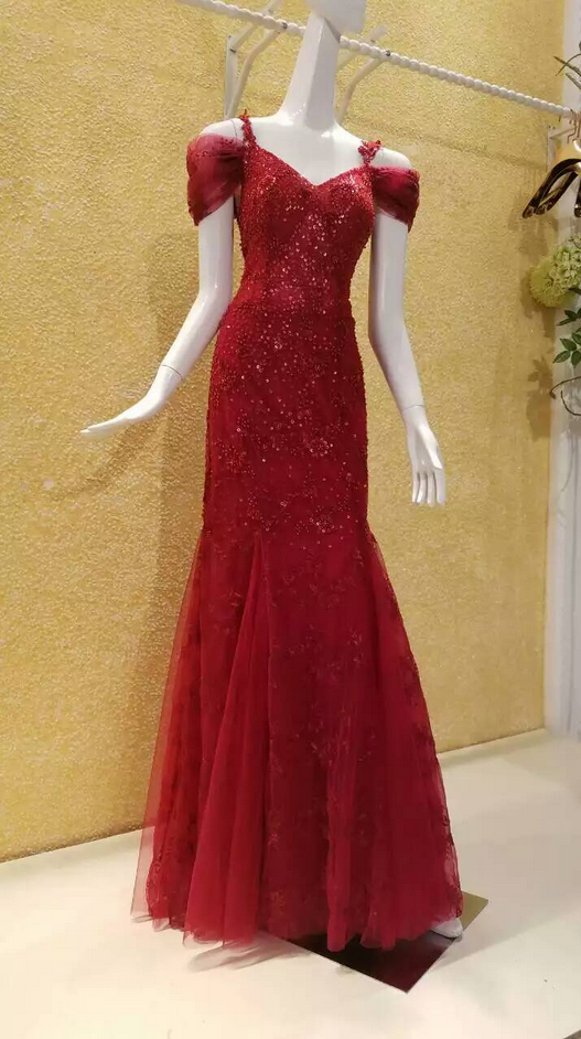 Evening Dress,red Evening Dress,sequined Evening Dress,beaded Evening Dress,mermaid Evening Dress,off-shoulder Evening Dress,spaghetti Straps