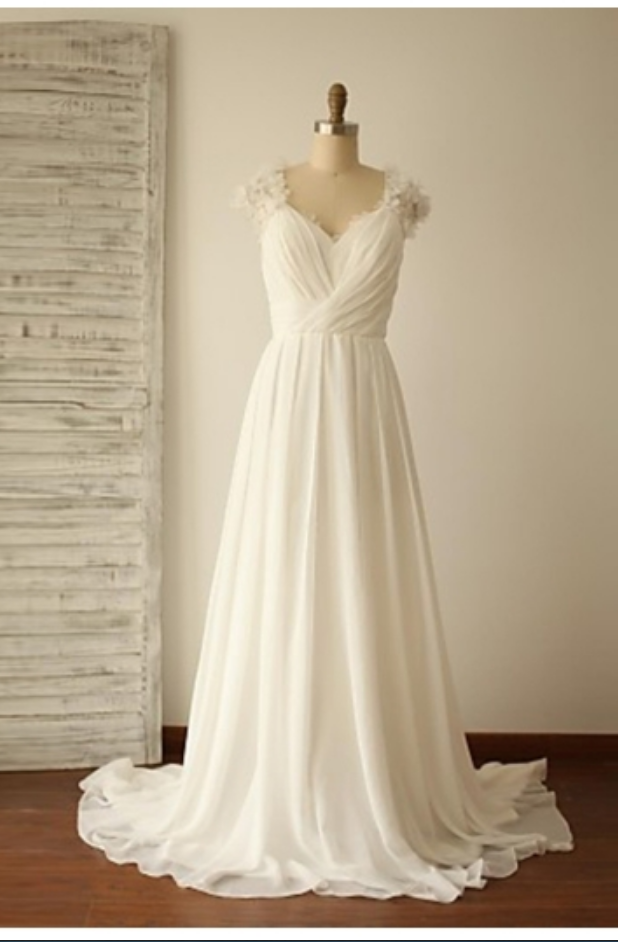 White Chiffon Straps Ruched A-line Beach Wedding Dress