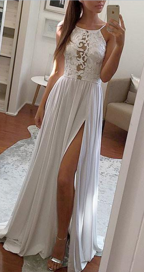 Simple White Lace Chiffon Long Evening Prom Dress