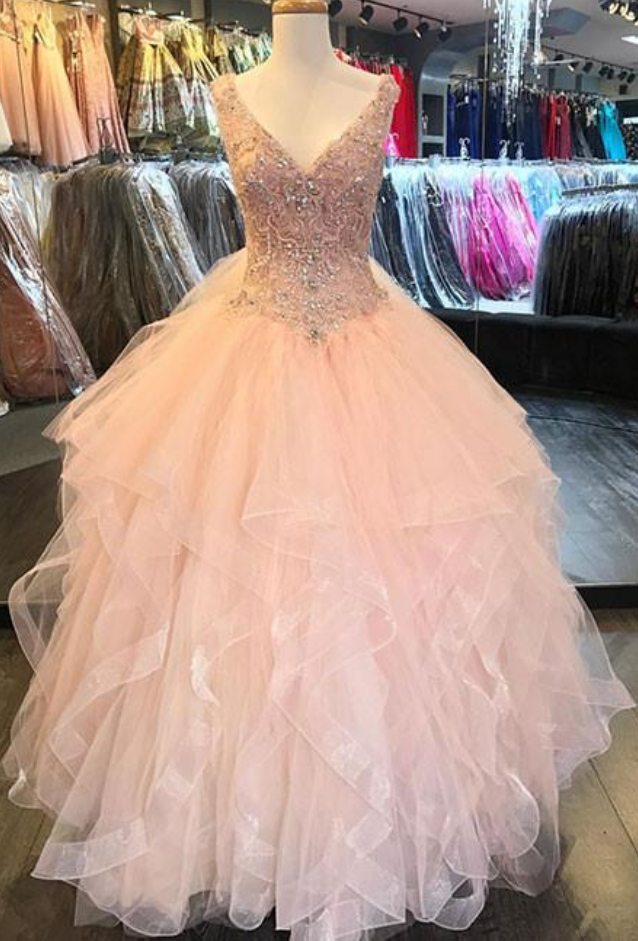 Pink V Neck Tulle Sequin Beads Long Evening Prom Dress