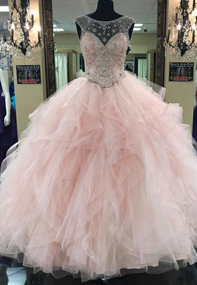 Ball Gown Pink Round Neck Tulle Beads Long Prom Gown, Pink Sweet 16 Dress
