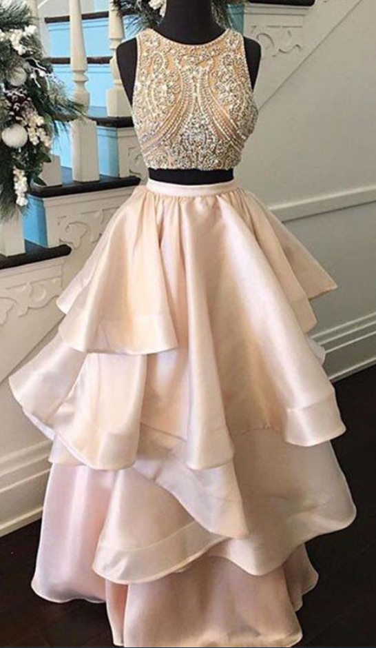Pink Satins Two Pieces Beading A-line Full-length Casual Dress,graduation Dresses