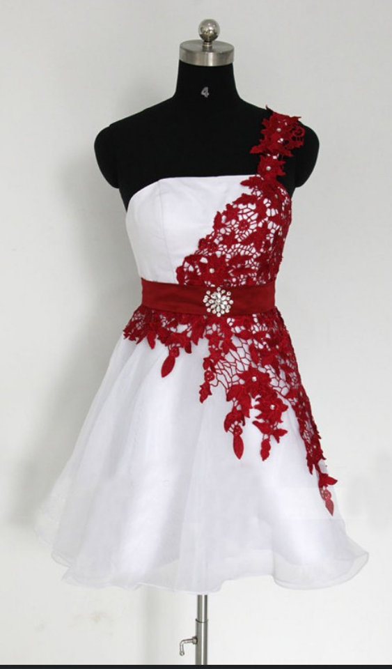 Custom Made Sleeveless A-line One Shoulder Short Evening Homecoming Dress , Graduation Dress With Lace Applique
