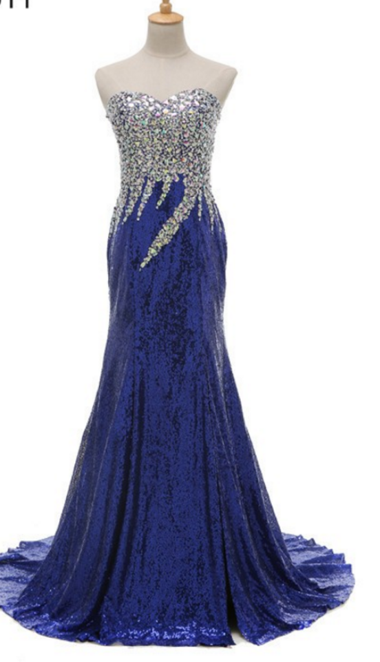 Shining Royal Blue Side Slit Prom Dresses With Silver Crystal Beading Mermaid Women Formal Evening Party Dress
