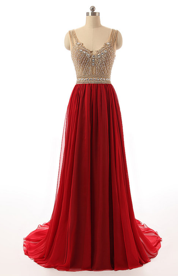 Red Sleeveless V-neck Beaded Long Prom Dress With Sweep Train