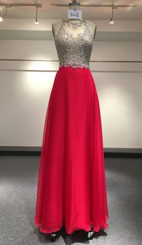 Gorgeous Real Sample Sleeveless O-neck High Collar Crystals And Beadings Red Sexy Evening Dress
