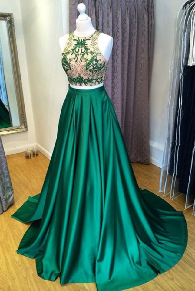 Two Pieces Prom Dresses,green Prom Dresses,beaded Prom Dresses,prom Dresses For Teens,cute Dresses,elegant Prom Gowns,formal Evening