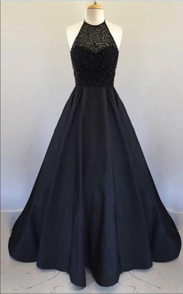 Elegant Black Prom Gown,long Stain Prom Dresses ,a Line Prom Dresses,beading Prom Dresses, Prom Dress