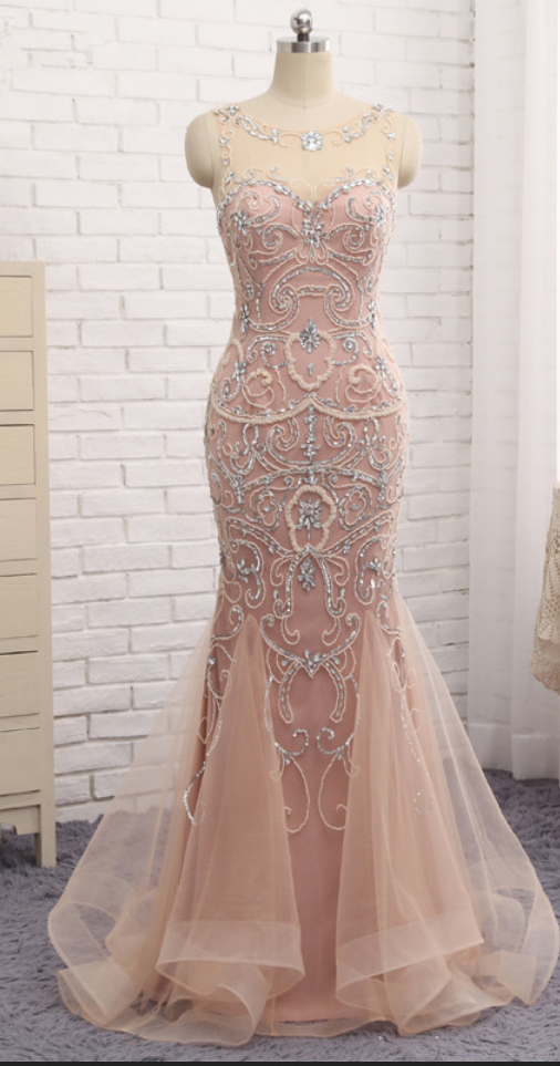 Prom Dresses ,mermaid Dubai Long Evening Dresses Blush Crystal Beaded Pearl Sheer Prom Dress