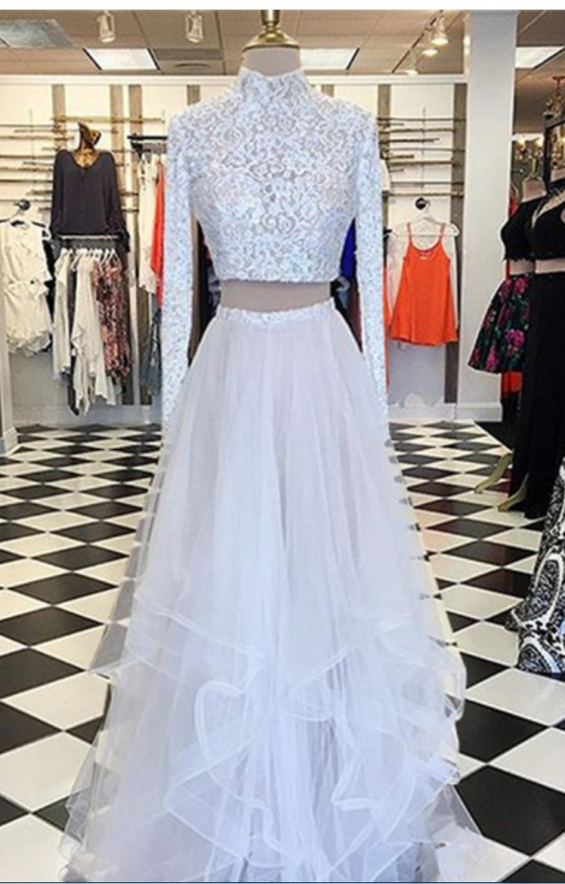 Chic Two Piece A-line High Neck Long Sleeves Asymmetry Tiered White Prom Dress With Lace