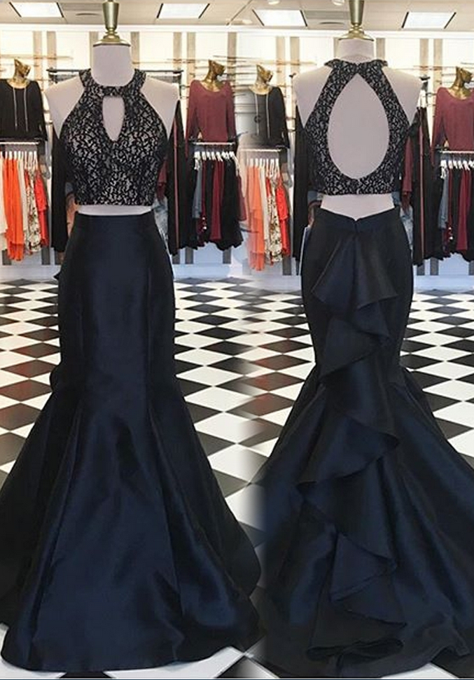 Black Lace Two Piece Prom Dresses, Formal Dresses, Graduation Party Dresses, Banquet Gowns