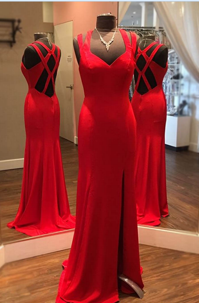 Simple Red Strappy Floor-length Prom Dress With Side Slit,sheath Sleeveless Prom Dresses